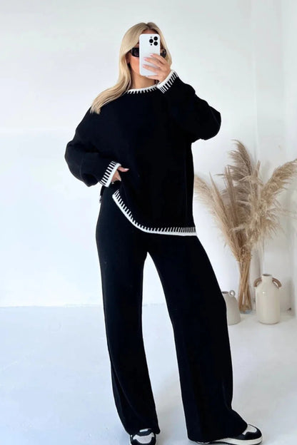 Ensemble tricot noir : pull col rond côtelé et pantalon ample à bordures contrastées