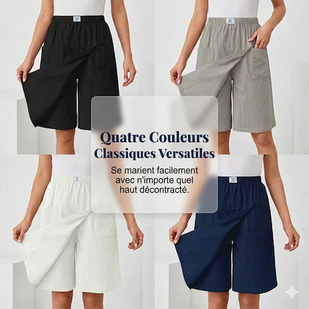 Jupes-shorts en quatre couleurs : taille élastique, rabat frontal et poches