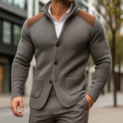 Blazer en maille grise, devant boutonné et poches plaquées, épaules marron