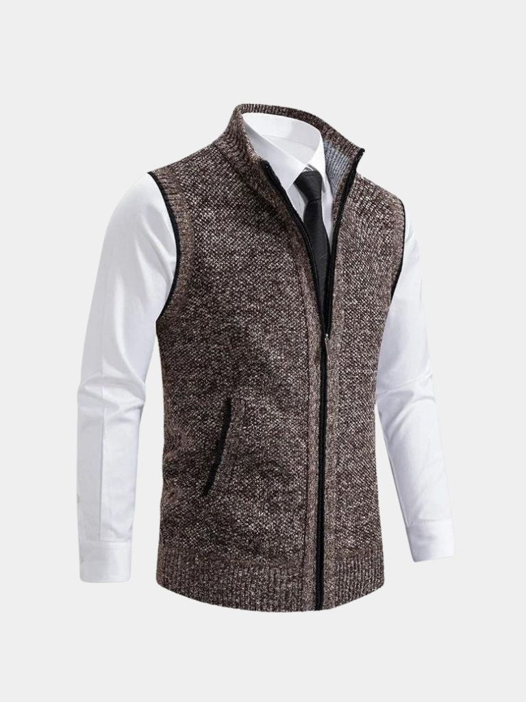Gilet marron chiné à fermeture éclair intégrale, maille texturée, col montant.