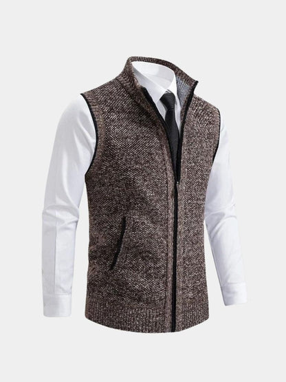 Gilet marron chiné à fermeture éclair intégrale, maille texturée, col montant.