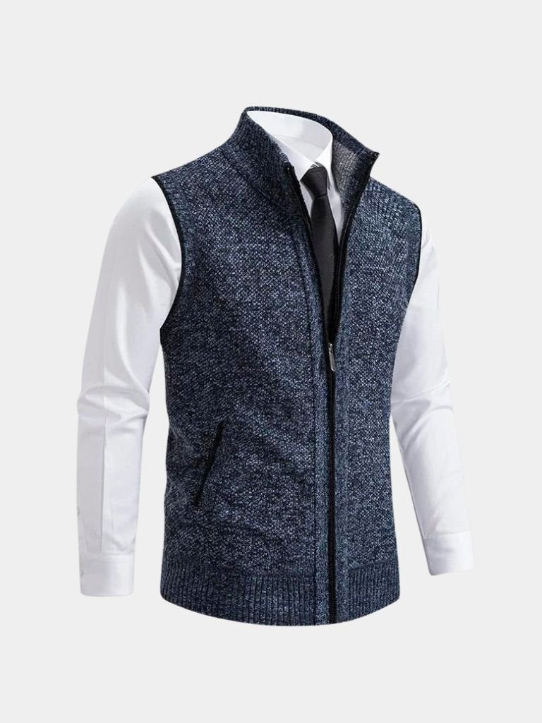 Gilet à fermeture éclair intégrale bleu-gris, sans manches, coupe ajustée