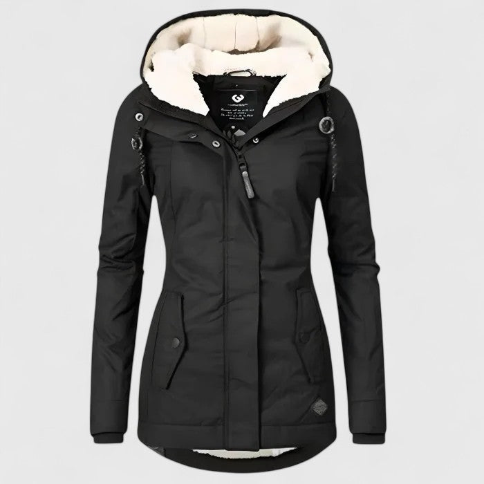 Manteau d’hiver imperméable noir à capuche, doublure chaude à col en fourrure