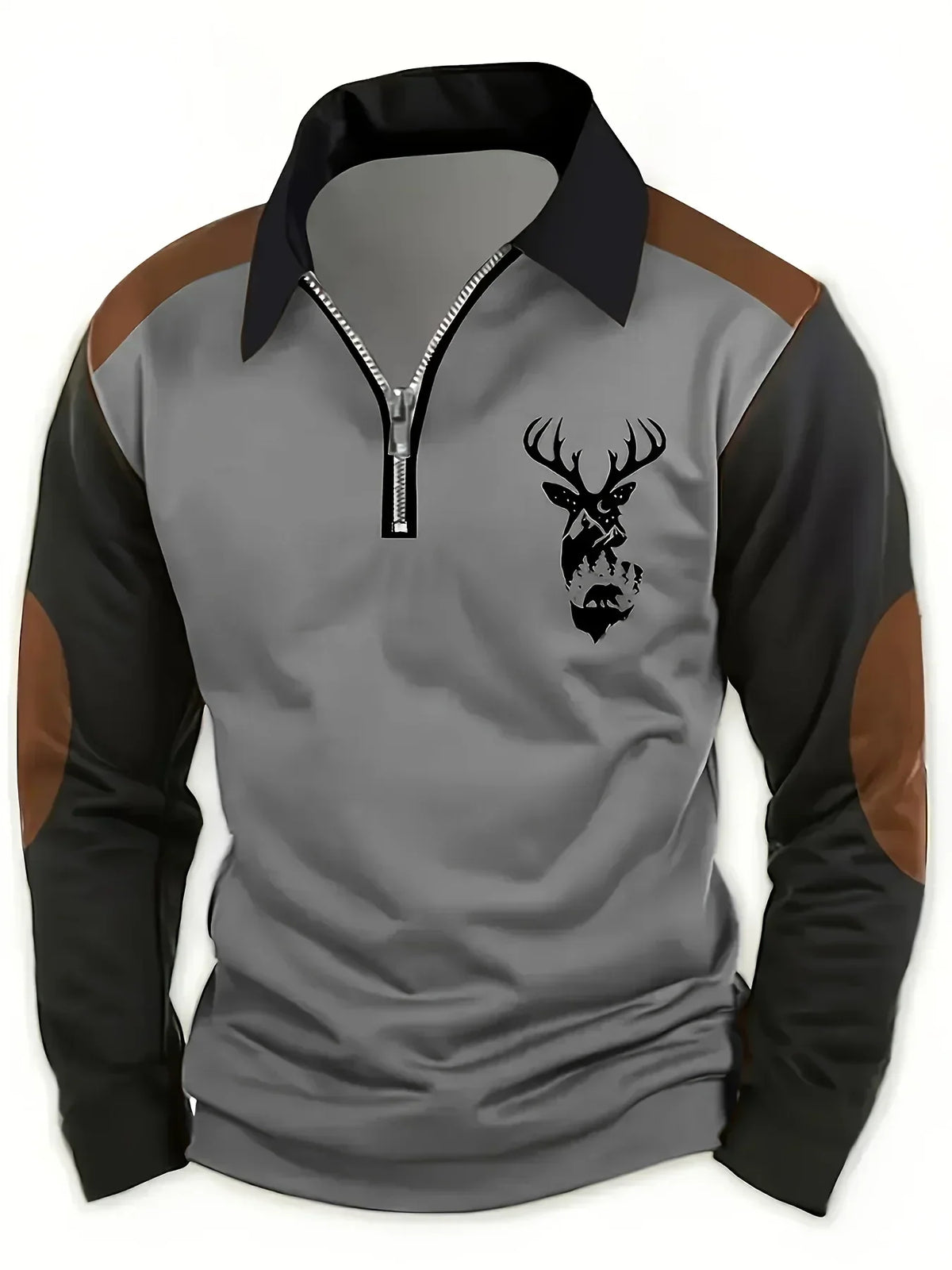 Pull col zippé gris, manches noires, motif tête de cerf et fermeture éclair décorée.