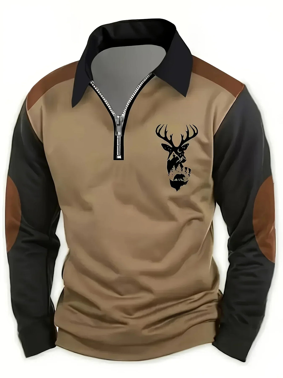 Pull col zippé marron clair, manches noires, motif tête de cerf sur le buste.