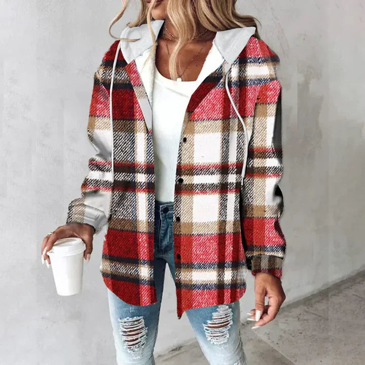 Gilet en maille à carreaux rouges et blancs, col chemise, fermeture boutonnée, manches longues