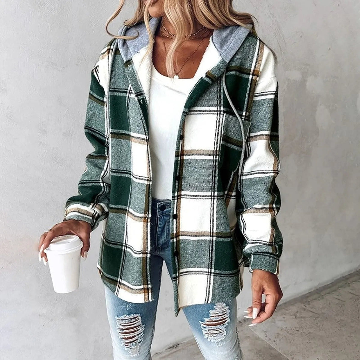 Gilet en maille à carreaux vert foncé, col chemise, fermeture boutonnée, manches longues