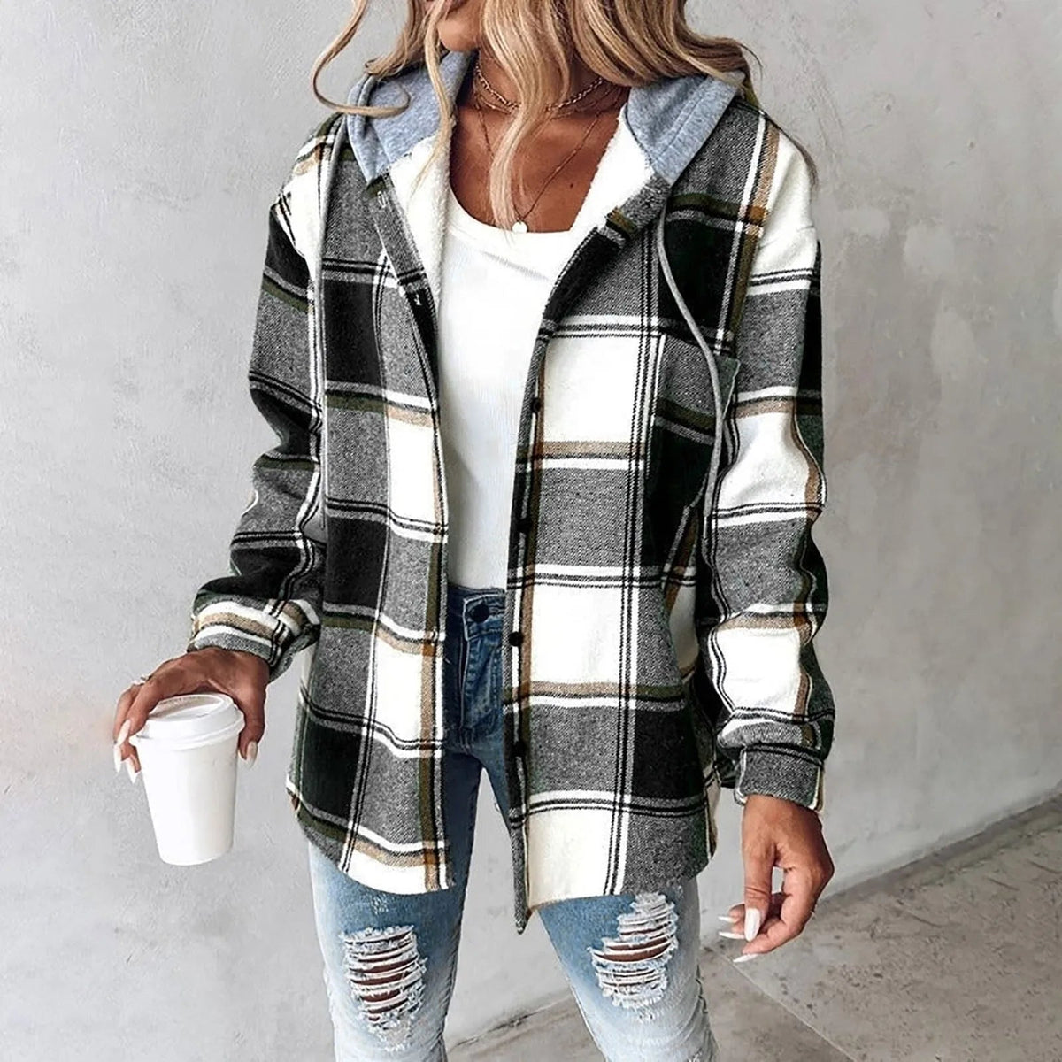 Gilet en maille à carreaux vert et gris, col chemise et boutons, style ouvert, manches
