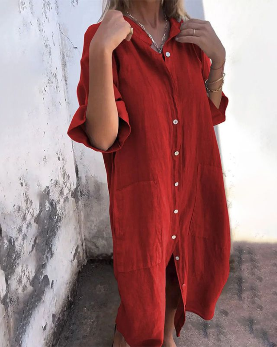 Robe chemise décontractée rouge à manches courtes, col et boutons devant