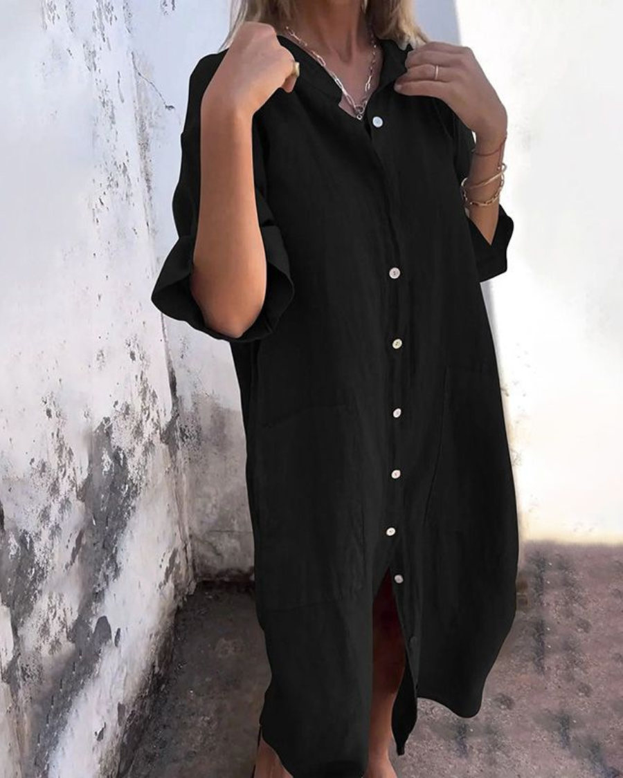 Robe chemise décontractée noire à manches courtes, col et boutons devant