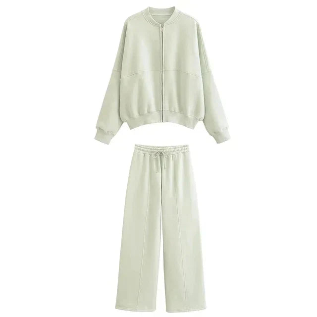 Ensemble bomber vert clair : veste zippée et pantalon ample à taille élastique
