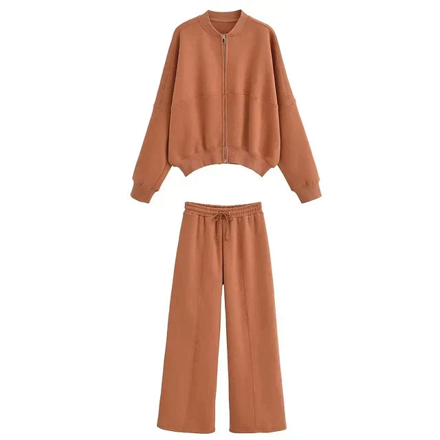 Ensemble bomber marron : veste zippée et pantalon ample à taille élastique