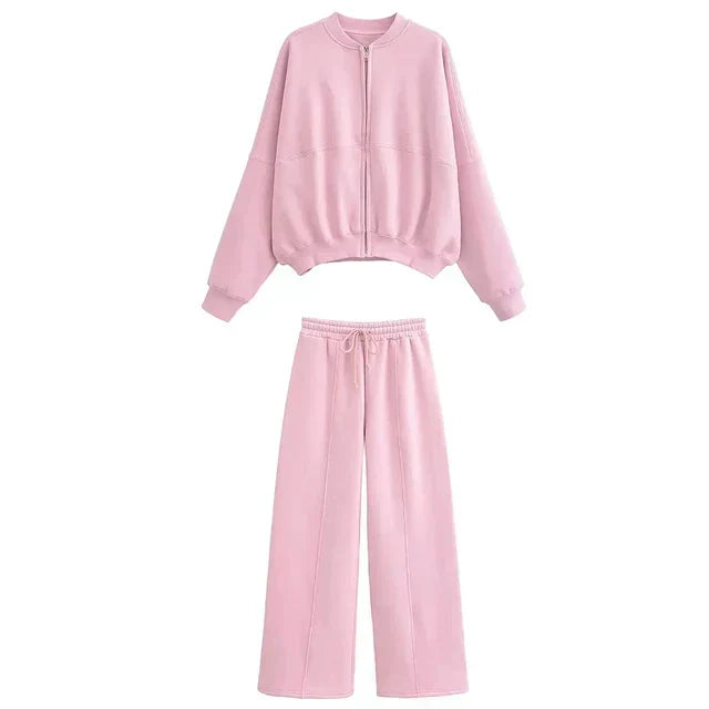 Ensemble bomber rose : veste zippée oversize et pantalon large à taille élastique