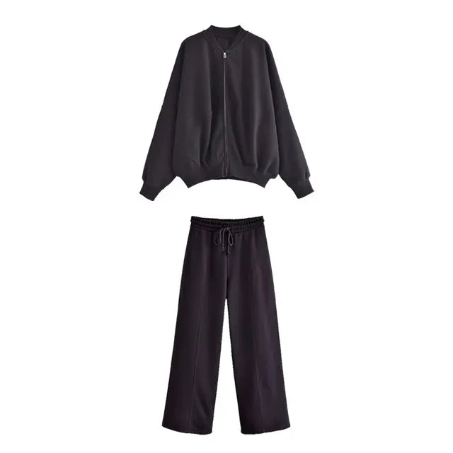Ensemble bomber noir : veste zippée à col montant et pantalon large à taille élastique