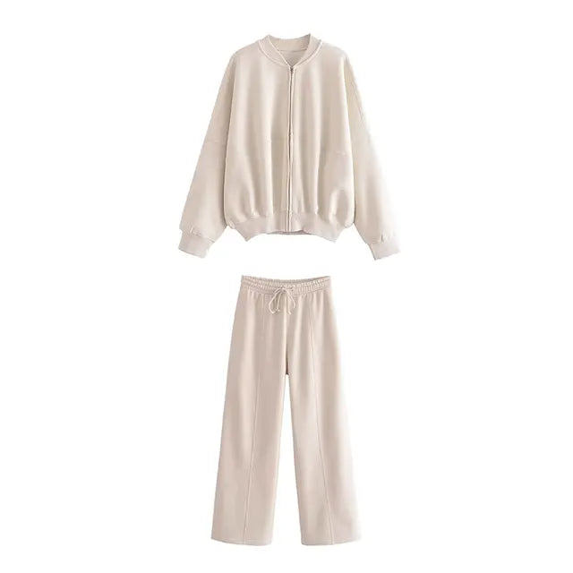 Ensemble bomber beige clair : veste zippée et pantalon ample à taille élastique