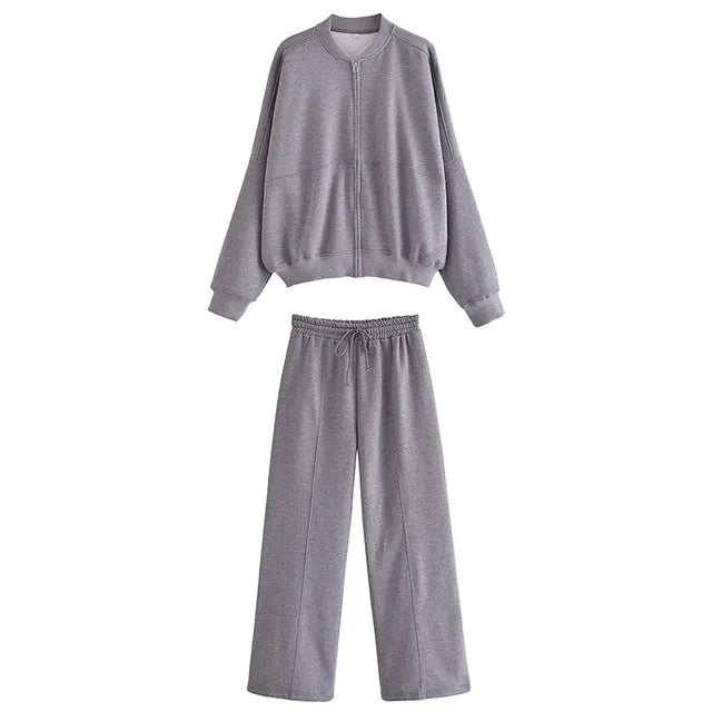 Ensemble bomber gris : veste zippée + pantalon ample à taille élastique