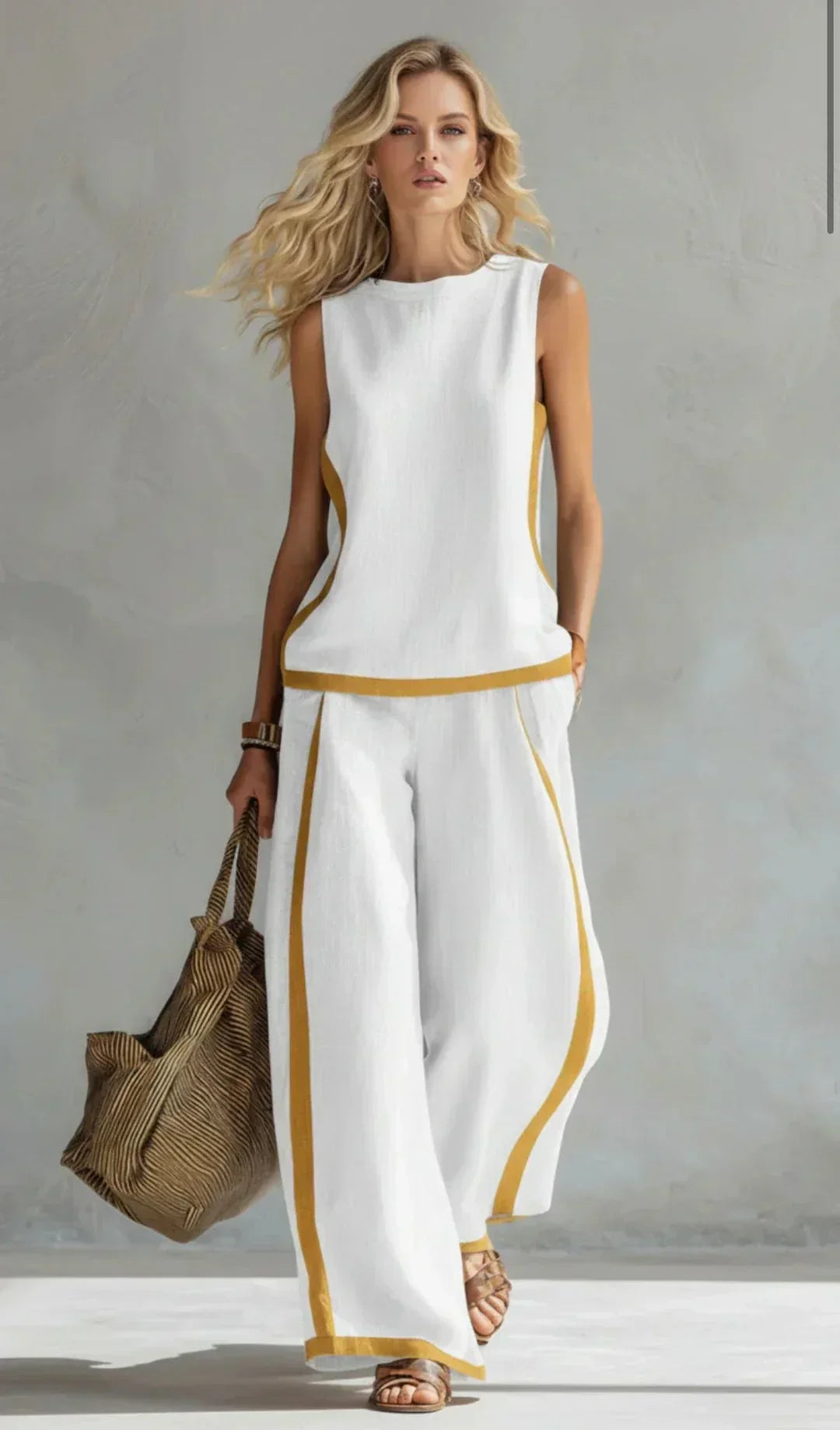 Ensemble gilet sans manches et pantalon long blanc, finitions dorées bicolores.