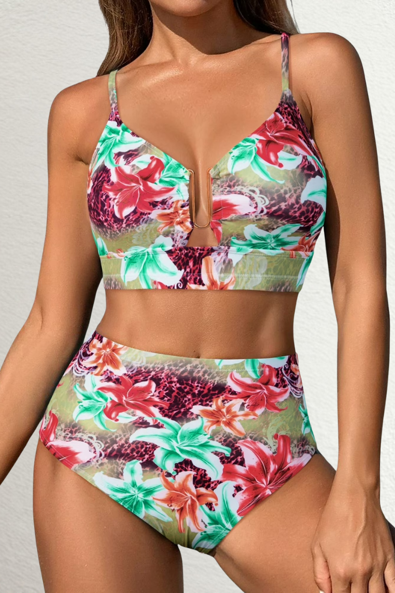 Bikini femme à bretelles, haut à découpe centrale avec motif floral multicolore