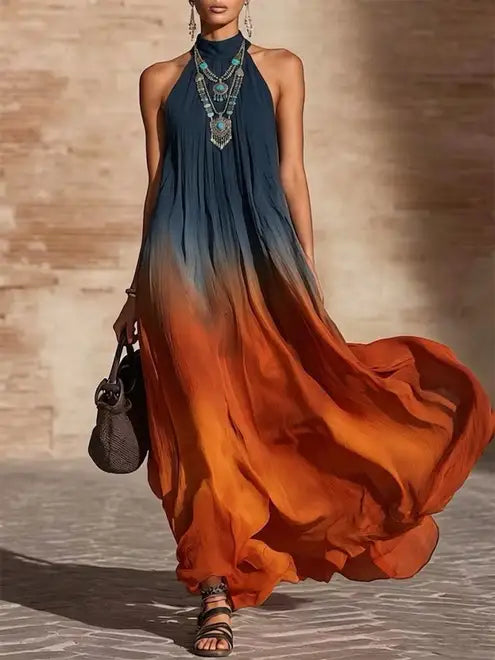 Robe longue dégradée halter à encolure V, bleu nuit vers orange, jupe volantée