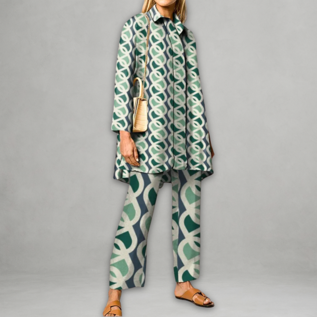 Ensemble deux pièces : tunique longue à col et pantalon, motif géométrique vert menthe