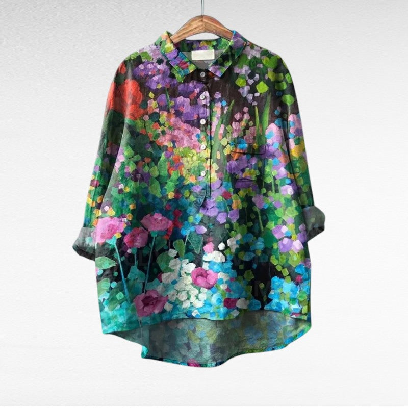 Blouse boutonnée à motif floral multicolore, col chemise, manches longues