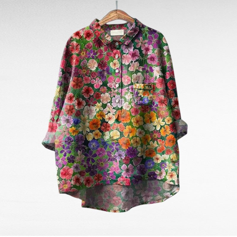 Blouse boutonnée à motif floral coloré, col chemise, manches longues