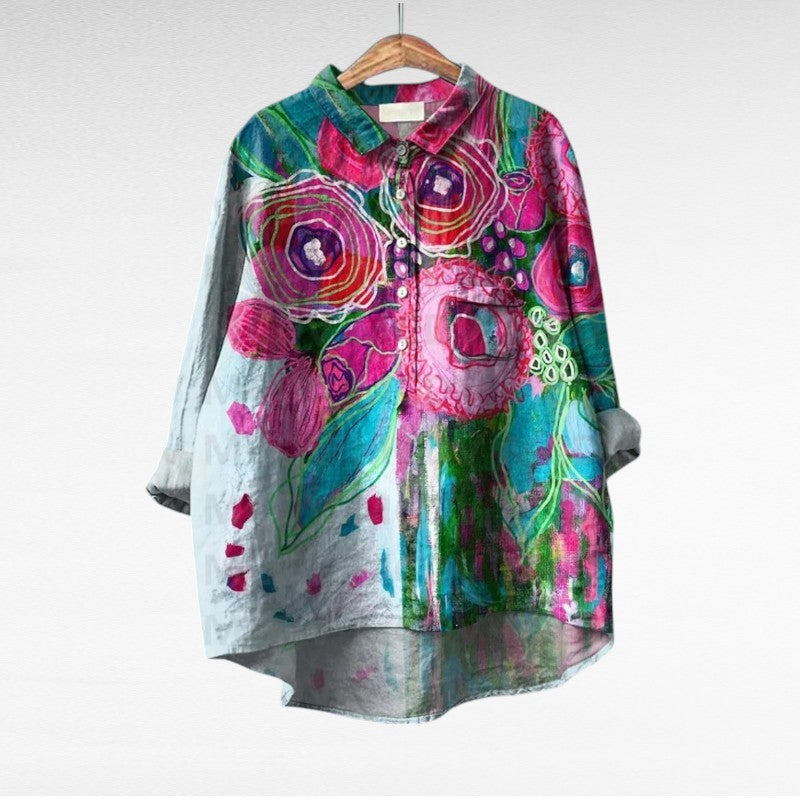 Blouse boutonnée à motif floral abstrait rose et vert, col chemise, manches longues
