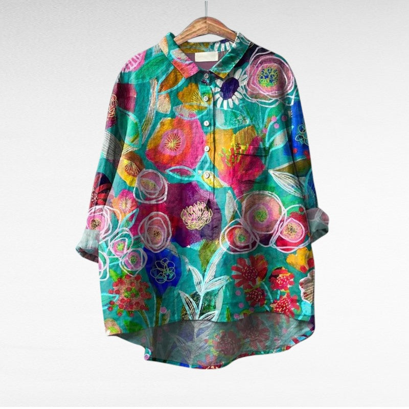 Blouse boutonnée à motif floral multicolore, col chemise, manches longues