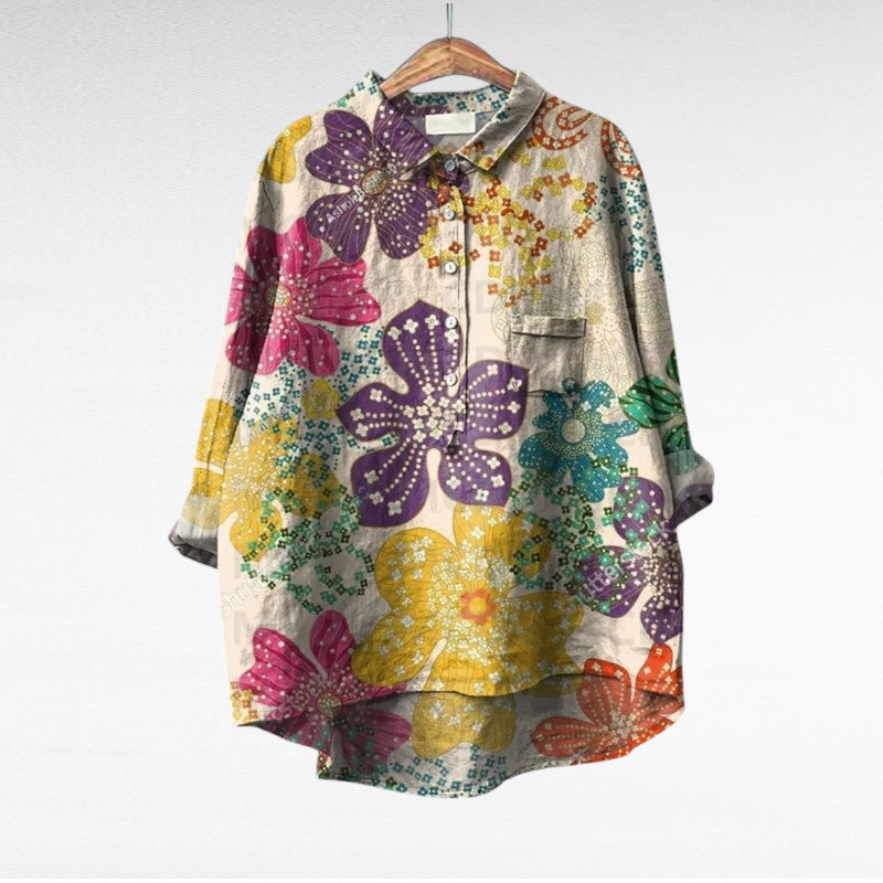 Blouse boutonnée à motif floral violet et jaune, poche poitrine, manches longues