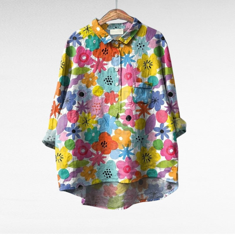 Blouse boutonnée à motif floral multicolore, col chemise, poche poitrine, manches longues