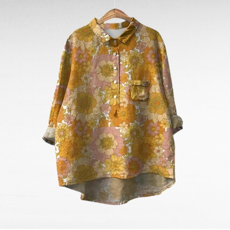 Blouse à col chemise boutonnée, imprimé fleurs motifs dorés, poche poitrine