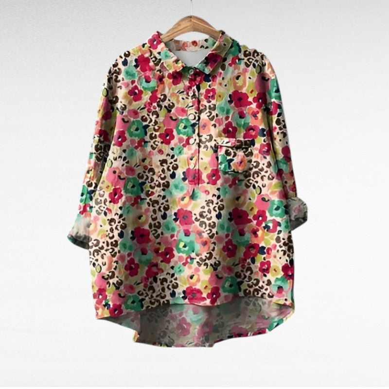 Blouse à col chemise boutonnée, imprimé animal et floral multicolore, poche poitrine