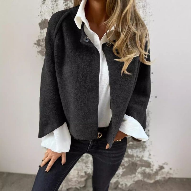 Veste courte noire à col boutonné, manches évasées, style décontracté