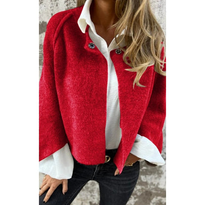 Veste courte rouge à col boutonné, manches évasées, devant fermé par boutons
