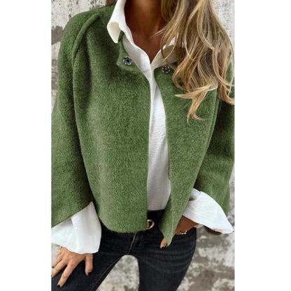 Veste courte verte à col boutonné, manches évasées, tissu texturé