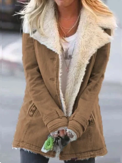 Veste manches longues marron avec col en fausse fourrure beige et fermeture zippée