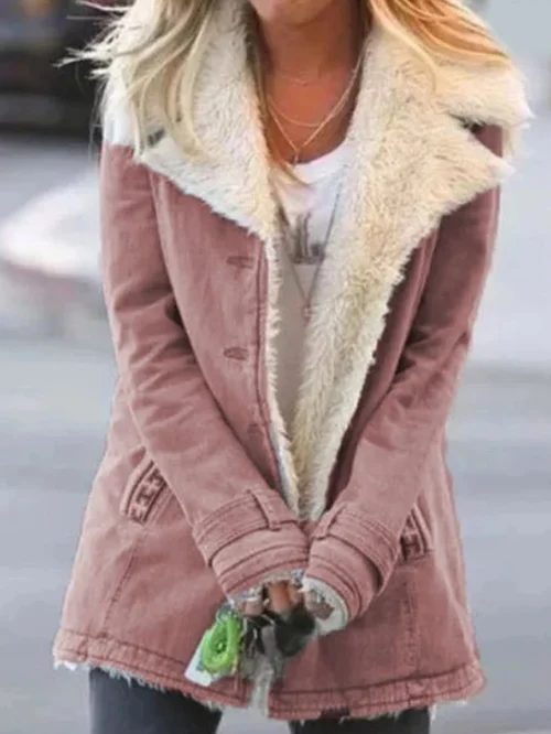 Veste manches longues rose clair avec col en fausse fourrure beige et fermeture zippée
