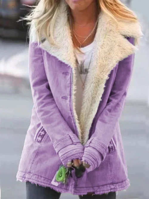 Veste manches longues violette avec col en fausse fourrure beige et fermeture zippée
