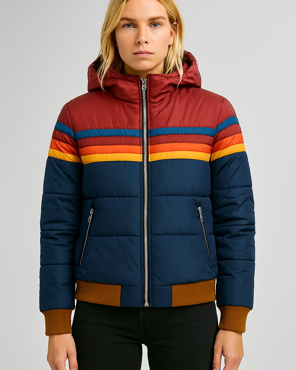 Veste imperméable à capuche bleu foncé, rayures arc-en-ciel, zip et poches zippées