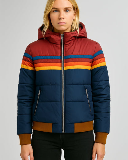 Veste imperméable à capuche bleu foncé, rayures arc-en-ciel, zip et poches zippées
