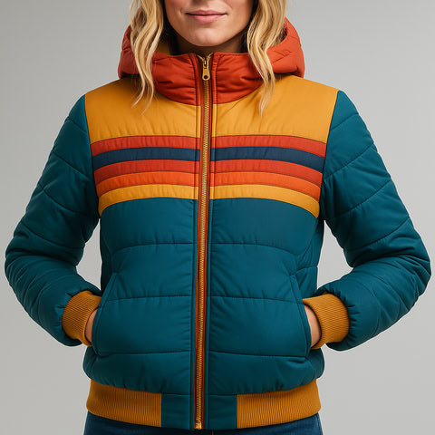 Veste imperméable à capuche orange-rouge, rayures arc-en-ciel sur fond bleu pétrole