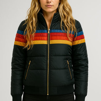 Veste imperméable à capuche noire, rayures arc-en-ciel et poches zippées