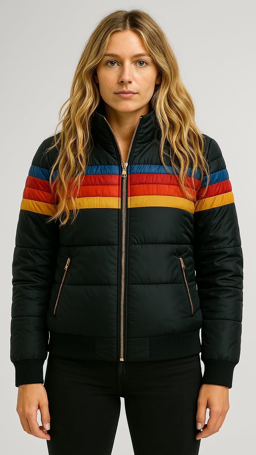 Veste imperméable à capuche noire, rayures arc-en-ciel et fermeture zippée
