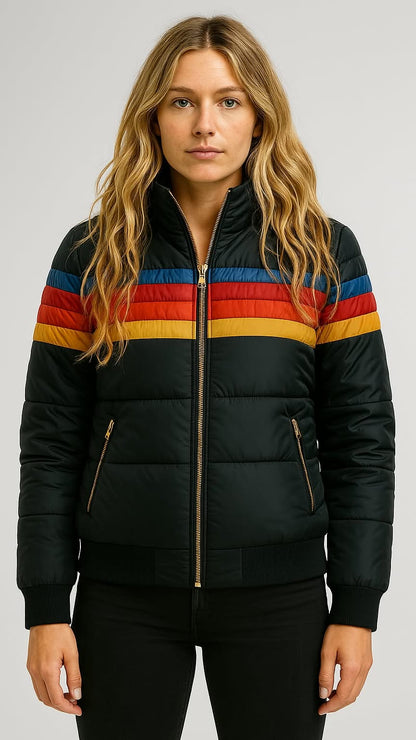 Veste imperméable à capuche noire, rayures arc-en-ciel et fermeture zippée