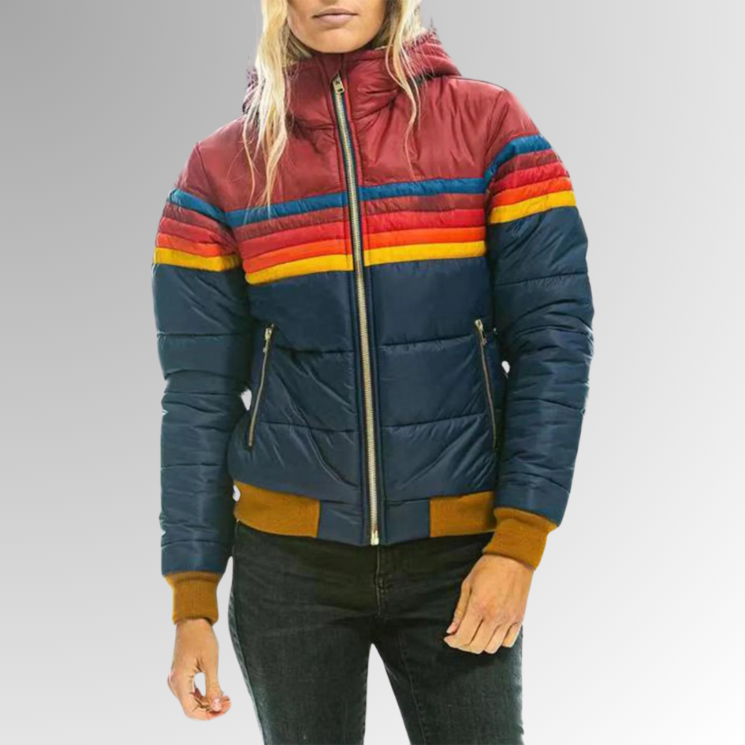 Veste imperméable à capuche bleu foncé, rayures arc-en-ciel et deux zips latéraux