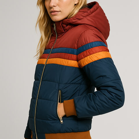 Veste imperméable à capuche bleu foncé, rayures arc-en-ciel et poche zippée côté