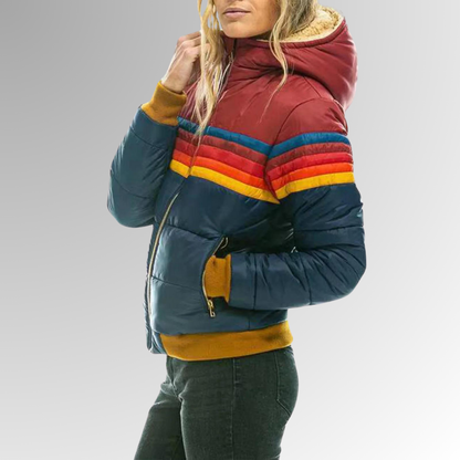 Veste imperméable à capuche bleu pétrole, rayures arc-en-ciel et poche zippée