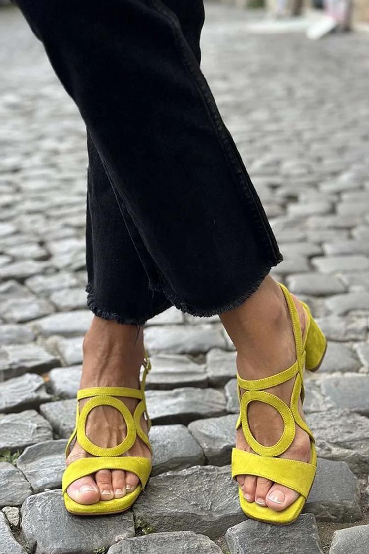 Sandales été à brides, jaune citron, bout ouvert, talon bloc bas, bride arrière.