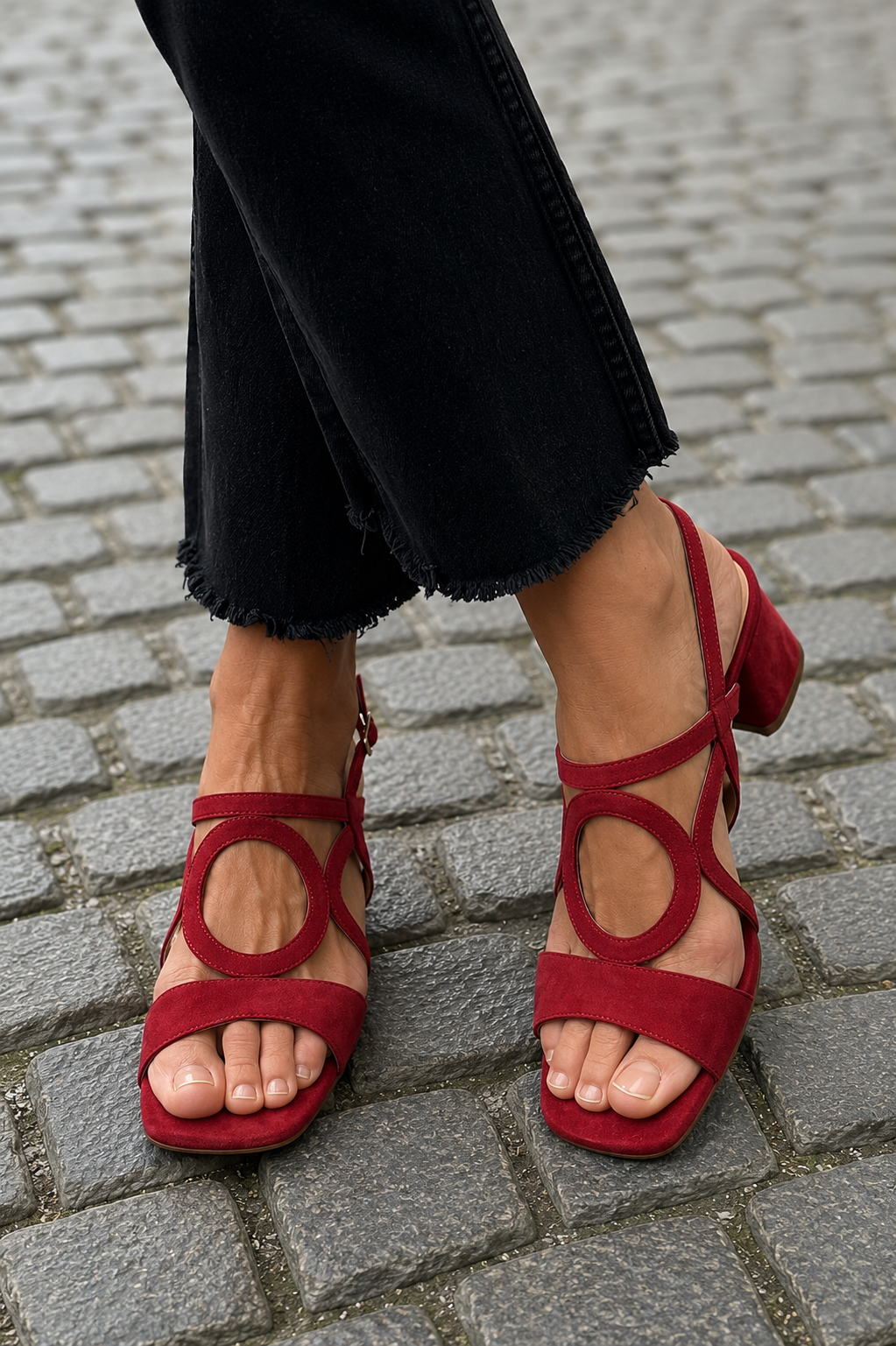 Sandales été à brides, rouge bordeaux, bout ouvert, talon bloc bas, bride arrière.