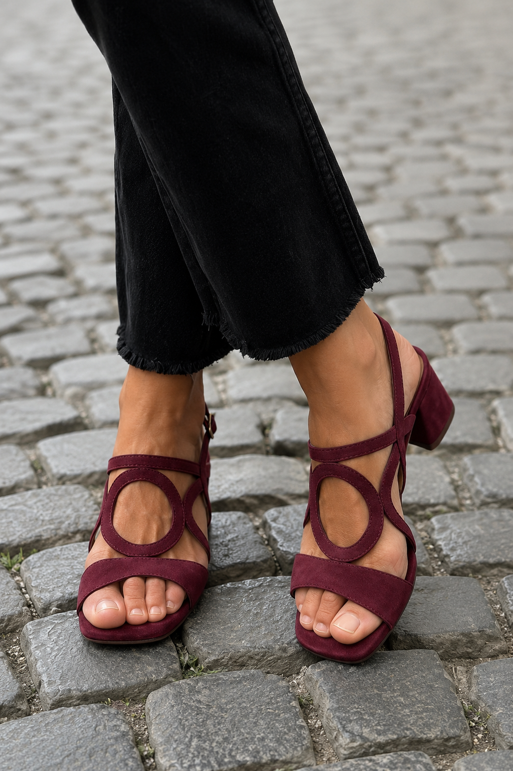 Sandales été à brides, bordeaux, bout ouvert, talon bloc bas, lanières croisées.